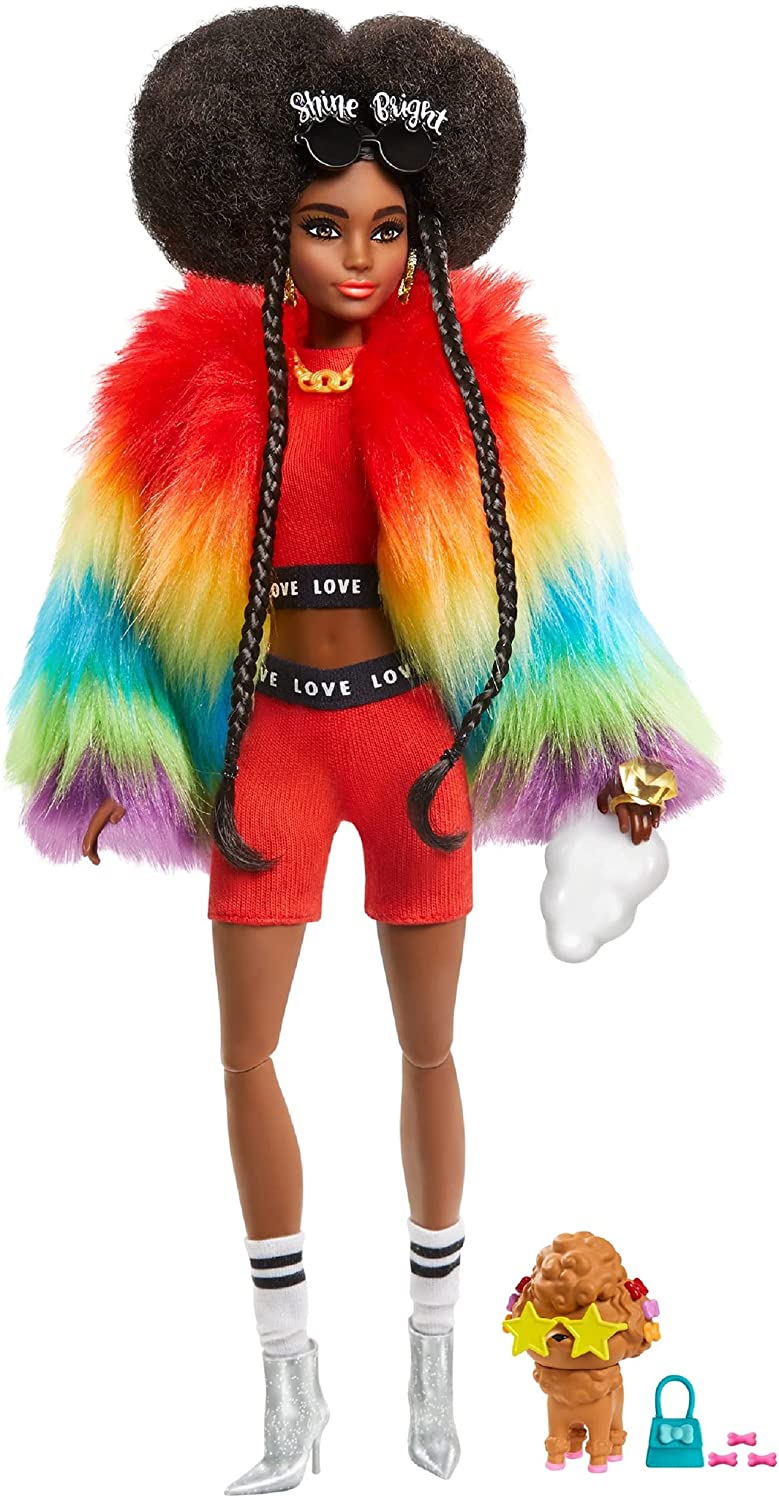 Muñeca Barbie Extra con abrigo arcoíris y juguete para perro