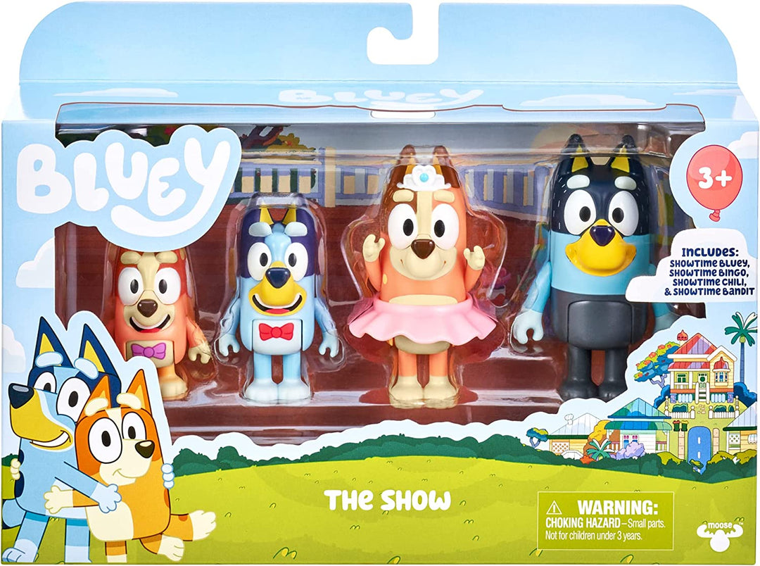 Bluey „The Show“ 4er-Pack 6,3–7,6 cm große offizielle bewegliche Actionfiguren von Bluey, Bingo, Chilli (Mama) und Bandit (Papa) zum Sammeln