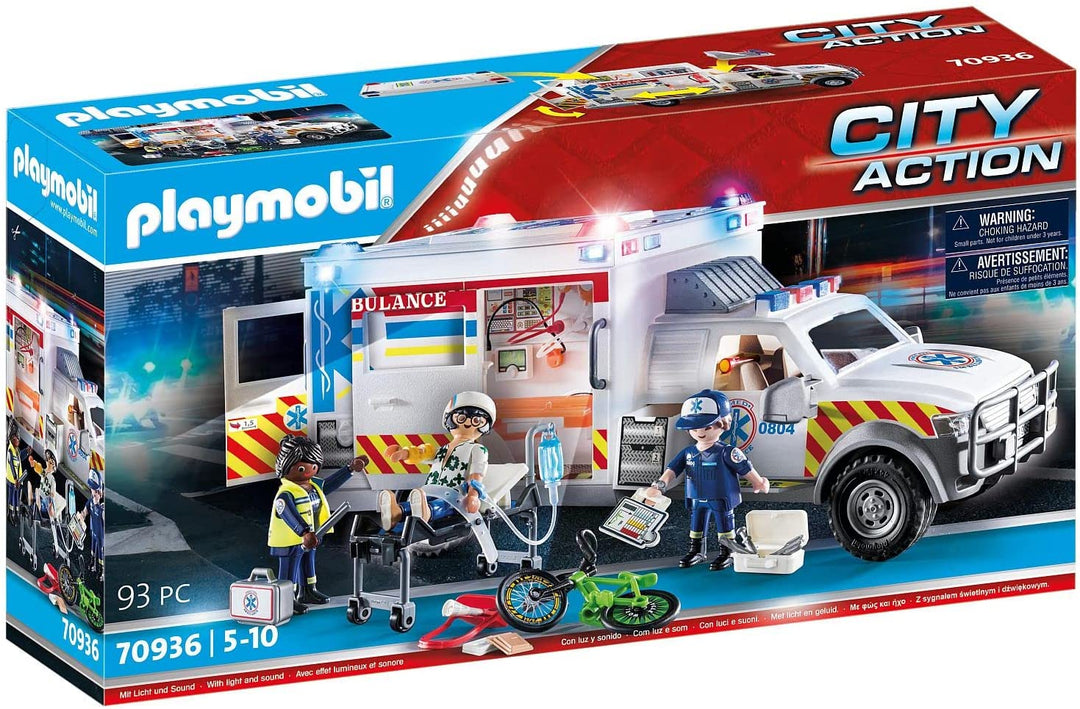 Playmobil 70936 City Action Rettungsfahrzeug: Krankenwagen mit Lichtern, Feuergeräusch