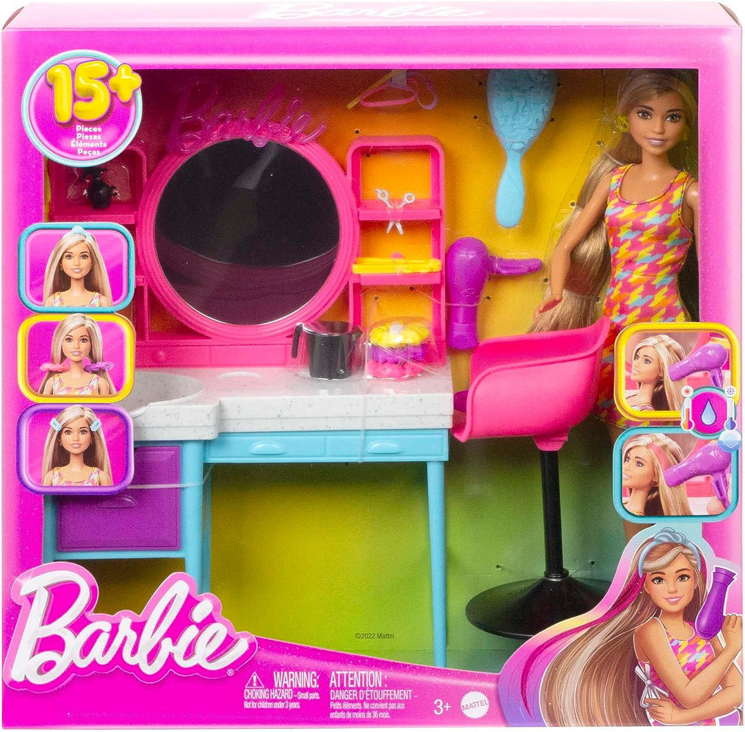 Barbie Doll and Hair Salon Playset, Long Color-Change Hair, Houndstooth-Print Dress