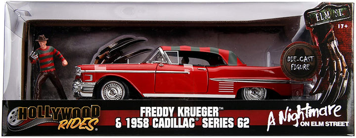 Jada 253255004 Pesadilla en Elm Street Coche Cadillac Series 62 1958 Metallfigur 1:24 Freddy Krueger Car Collecting, rot