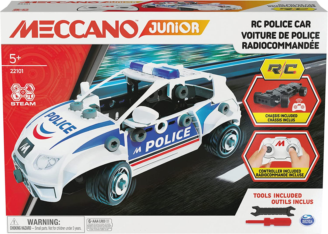 Meccano Junior, ferngesteuertes Polizeiauto mit funktionierendem Kofferraum und echtem Werkzeug, Spielzeugmodell-Bausatz