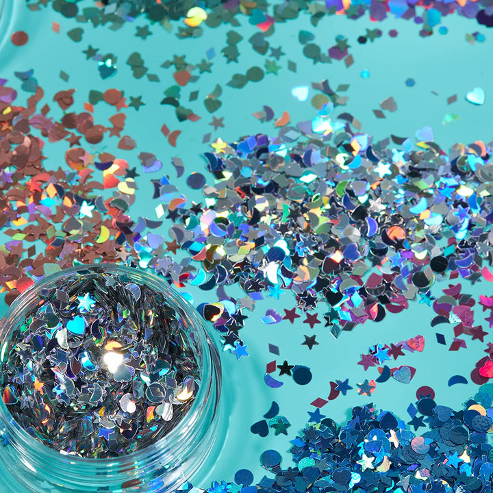 Smiffys Holographic Glitter Shapes di Moon Glitter - Argento - 3g