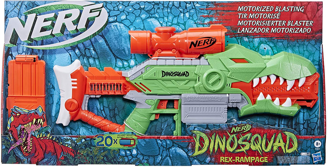 Nerf DinoSquad Rex-Rampage Motorised Dart Blaster; 10-Dart Clip, 20 Nerf Darts, 10-Dart Storage