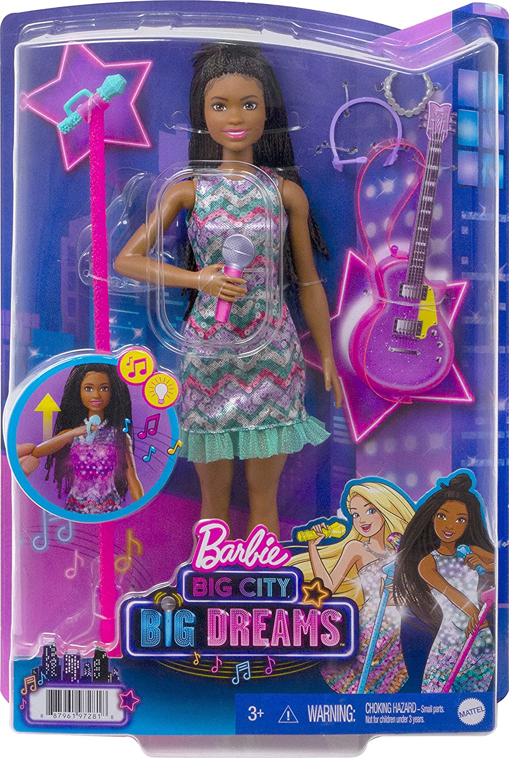 Barbie Big City, Big Dreams singt Barbie „Brooklyn“ Roberts-Puppe (11,5-Zoll-Brünette mit Zöpfen) mit Musik, Lichtfunktion