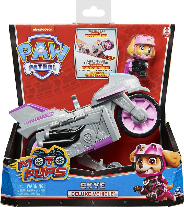 PAW Patrol Moto Pups Skyes Deluxe-Rückziehmotorradfahrzeug mit Wheelie-Funktion und Figur