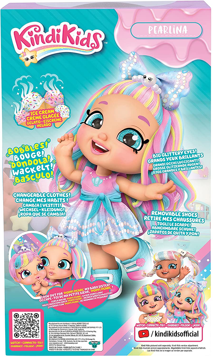 Kindi Kids Pearlina Summer Ice Cream Scented Big Sister, offizielle 10-Zoll-Kleinkindpuppe mit Wackelkopf, großen Glitzeraugen, austauschbarer Kleidung und abnehmbaren Schuhen