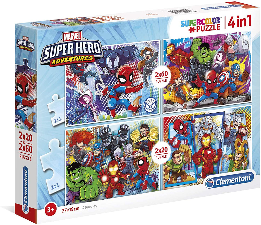 Clementoni – 24769 – Supercolor-Puzzle – Marvel-Superheld – 2 x 20 + 2 x 60 Teile – hergestellt in Italien – Puzzle für Kinder ab 3 Jahren