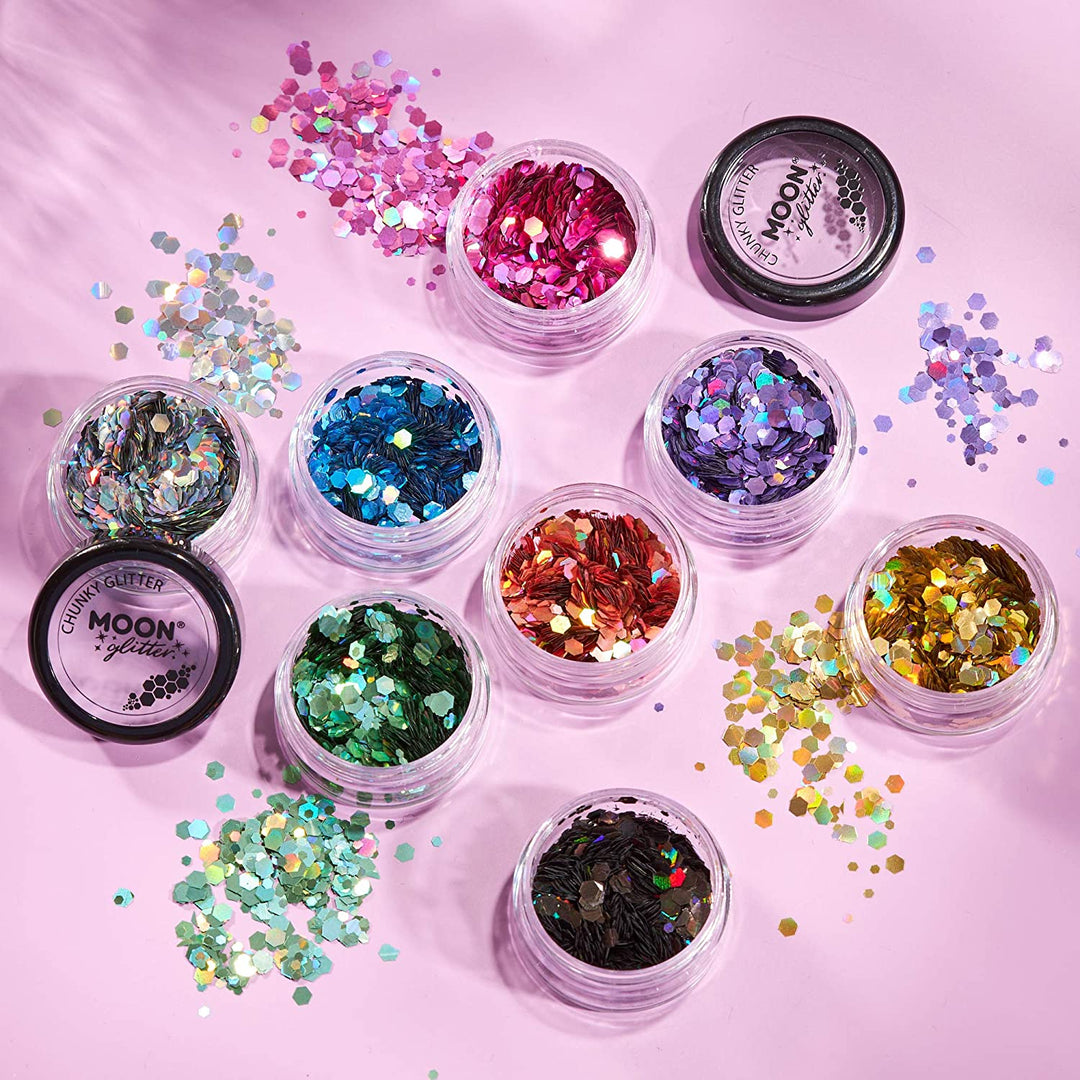 Chunky Holographic Glitter by Moon Glitter - Black - Cosmetic Festival Makeup Glitter for Face, Body, Nails, Hair, Lips - 3g