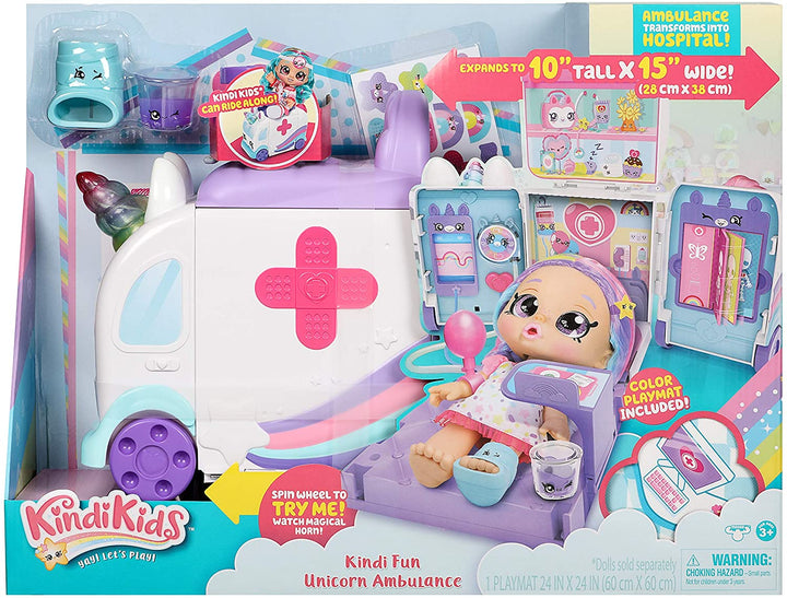 Kindi Kids Hospital Corner Unicorn Ambulance Play Set comprend des accessoires Shopkins