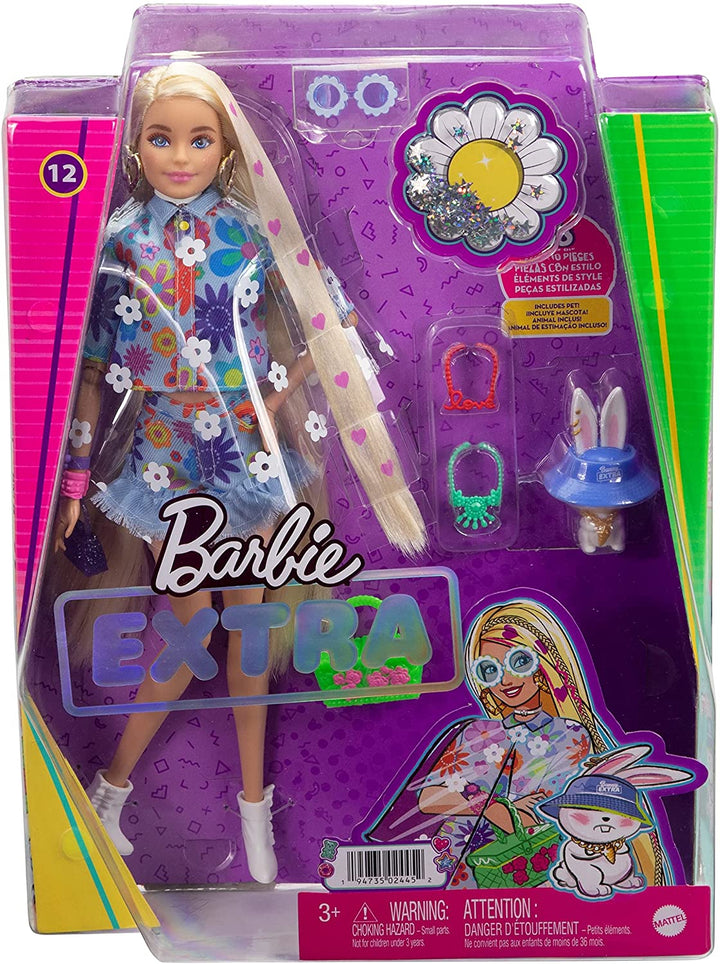 Barbie Extra Doll #12 in Floral 2-Piece Outfit with Pet Bunny, for 3 Year Olds &