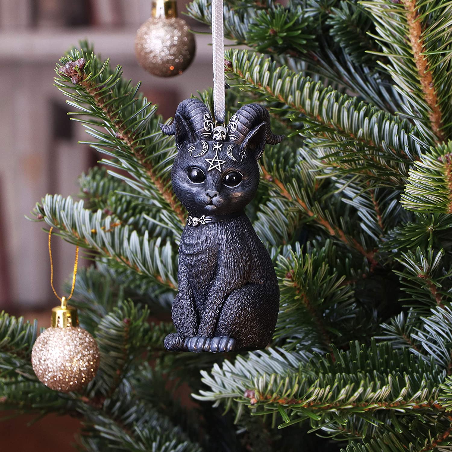 Nemesis Now Pawzuph, gehörnte Katze, hängendes Ornament aus schwarzem Harz