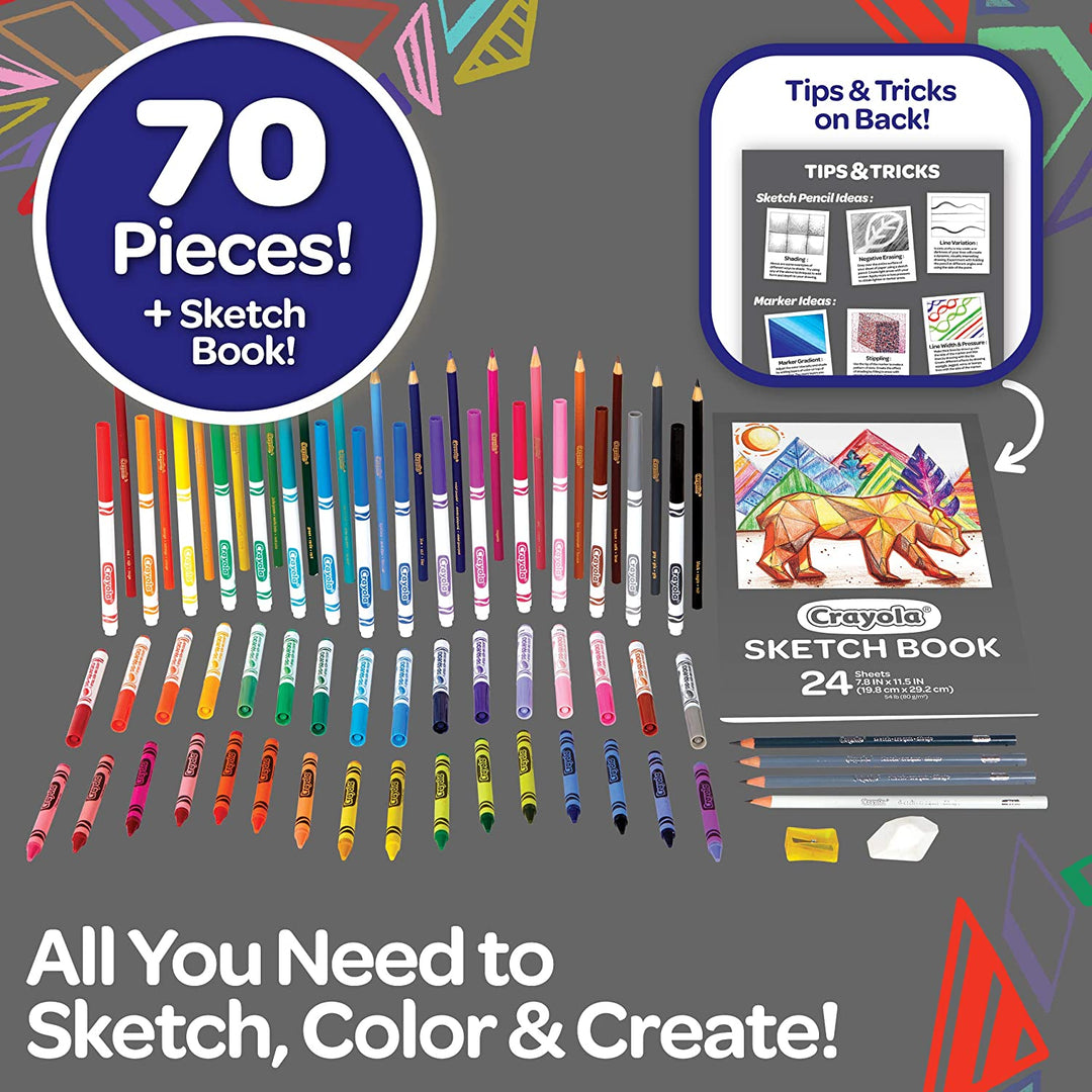 Crayola Coloring and Sketching Set, 70pcs + Sketch Book, Gift for Kids, 8, 9, 10