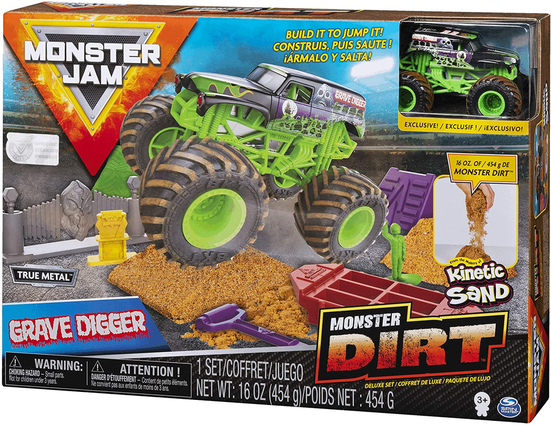 Monster Jam Monster Dirt Deluxe Set, con 16 oz de Monster Dirt y camión Monster Jam oficial a escala 1:64