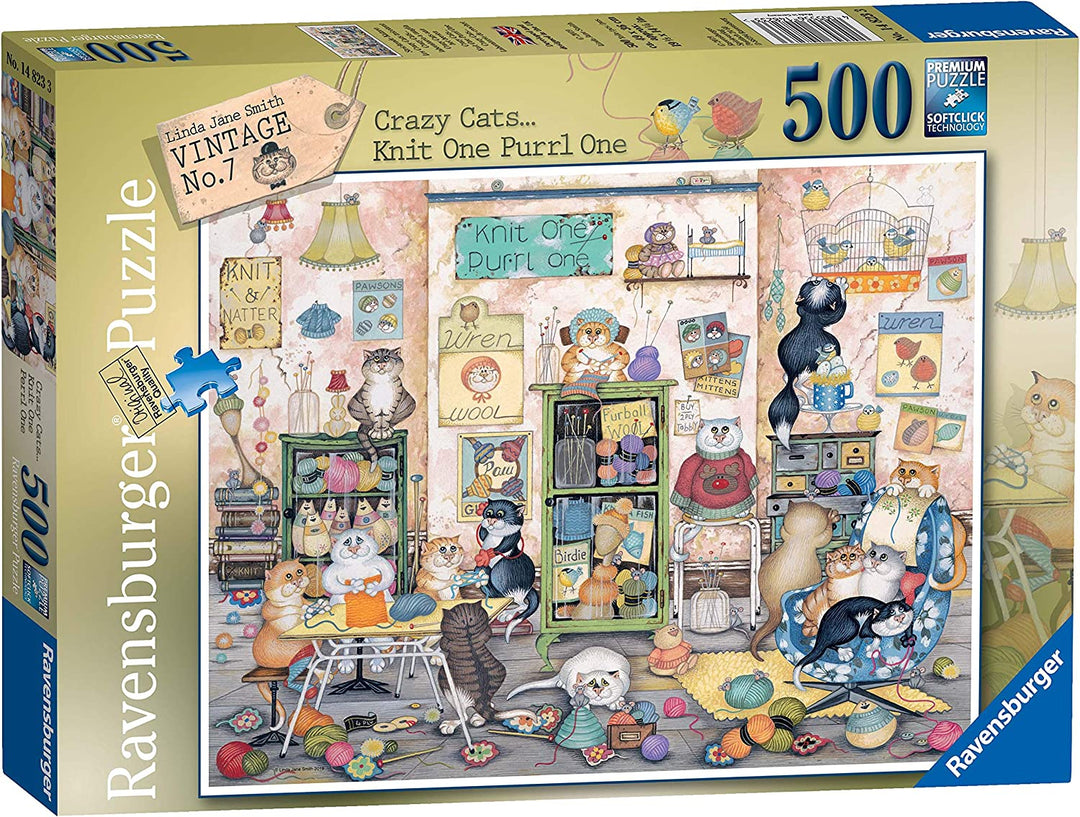 Ravensburger 14823 Crazy Cats Vintage – Stricken Sie ein Purrl One, 500-teiliges Puzzle