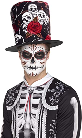 Smiffys 48035 Day of the Dead Skull and Rose Top Hat, Multi-Colour, One Size