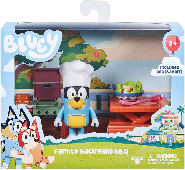 Bluey Dad Bandit's Backyard BBQ-Spielset, offizielles 2,5-Zoll-Bandit-Actionfiguren-Minispielset zum Sammeln, einschließlich 2 Bänken, 1 Picknicktisch, einem Grill und 3 Spielzeug-Essensstücken