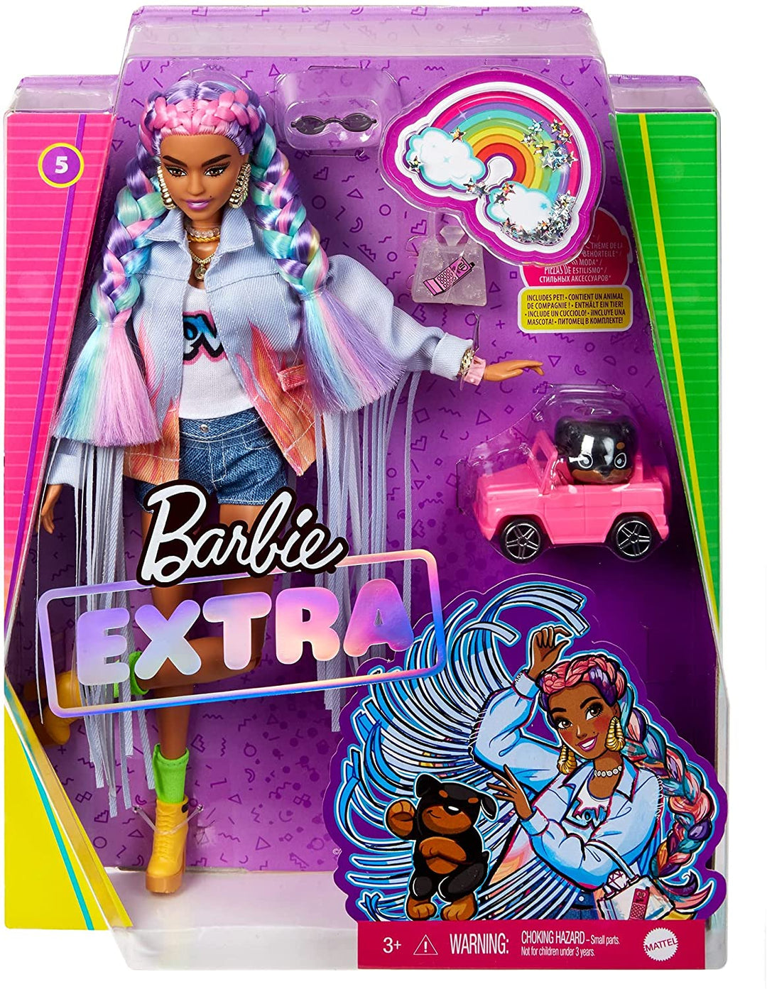 Barbie Extra Doll 5 in spijkerjasje met lange franjes en puppy voor kinderen 3 jaar