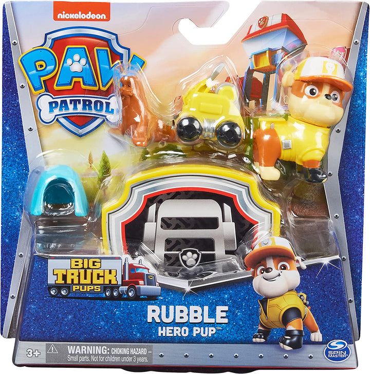 PAW Patrol, Big Truck Pups Rubble-Actionfigur mit ansteckbarer Rettungsdrohne