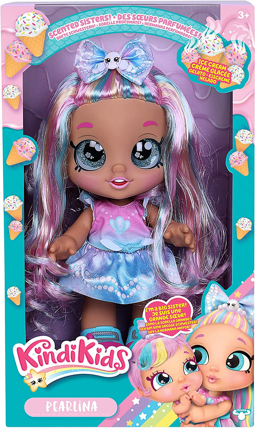 Kindi Kids Pearlina Summer Ice Cream Scented Big Sister, offizielle 10-Zoll-Kleinkindpuppe mit Wackelkopf, großen Glitzeraugen, austauschbarer Kleidung und abnehmbaren Schuhen