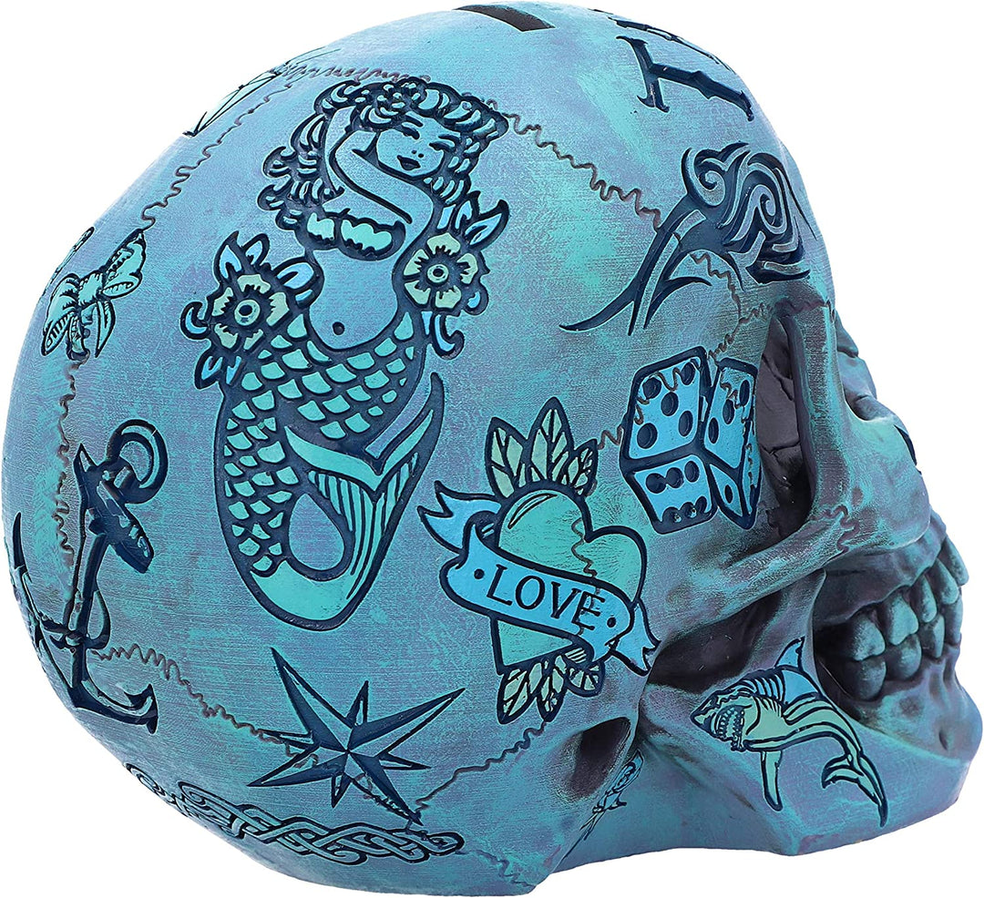 Nemesis Now Aqua Blue Traditional, Tribal Tattoo Fund Totenkopf, Polyresin, Einheitsgröße