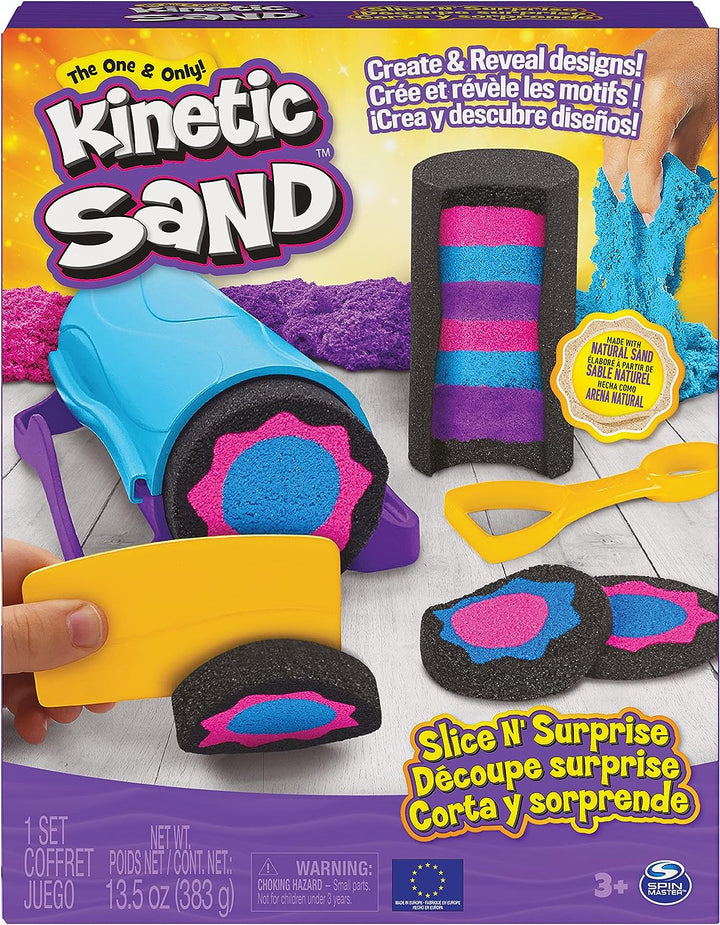 Kinetic Sand, Slice N' Surprise Set mit 383 g schwarzem, rosa und blauem Spielsand