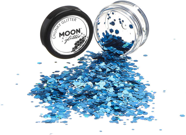 Chunky Holographic Glitter by Moon Glitter - Blue - Cosmetic Festival Makeup Glitter for Face, Body, Nails, Hair, Lips - 3g