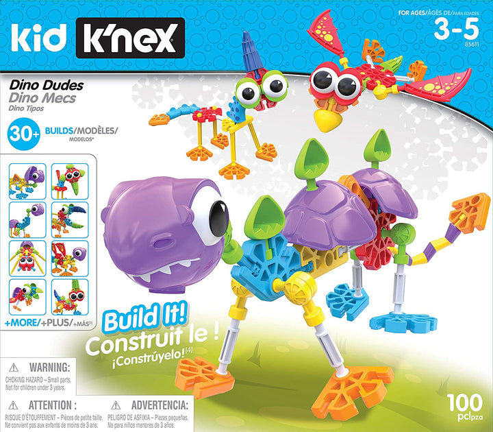 Kid K'NEX 85611 30 Modell Dino Dudes Bauset, Kinder-Bastelset mit 100 Teilen, Lernspielzeug für Kinder, lustiges und farbenfrohes Bauspielzeug für Jungen und Mädchen, Konstruktionsspielzeug für Kinder ab 3 Jahren