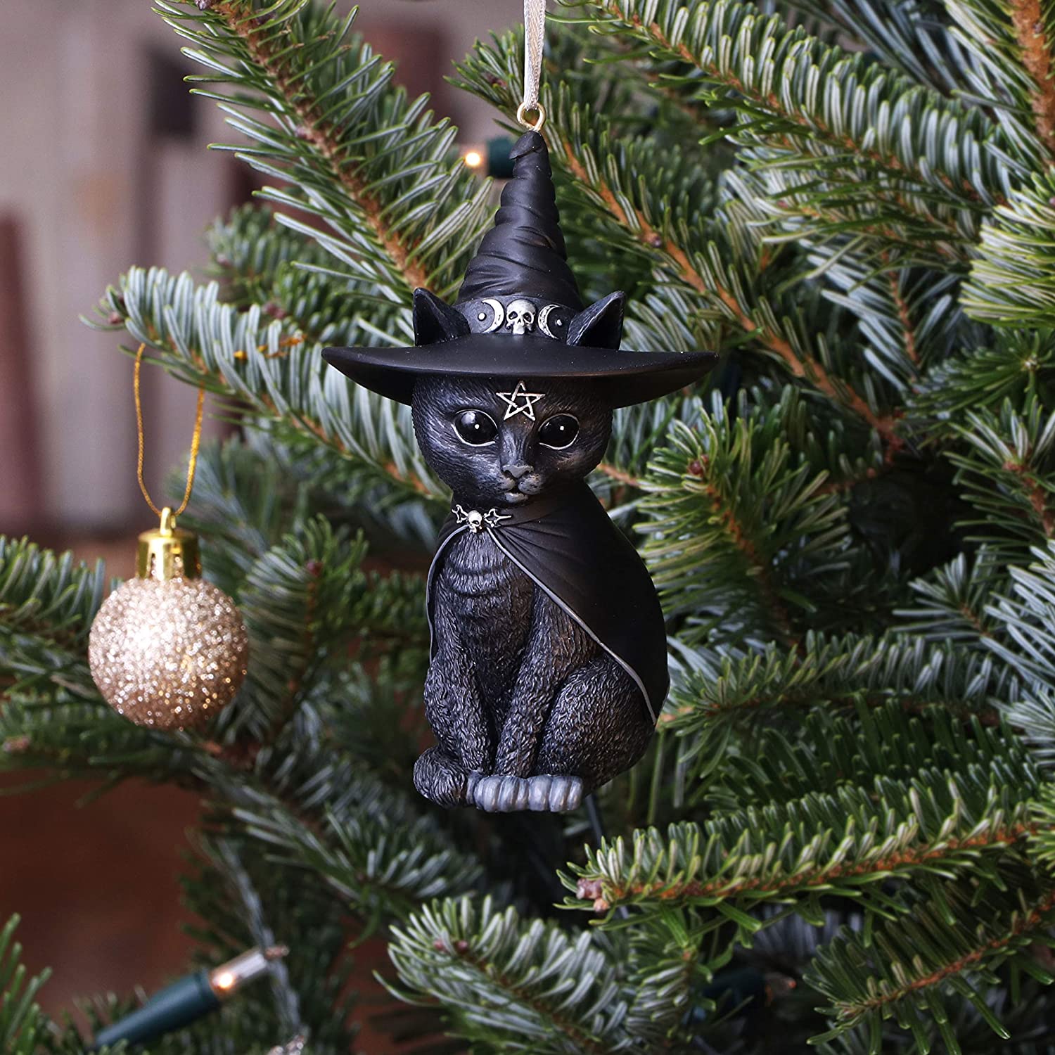 Nemesis Now Purrah, schwarze Hexenkatze, hängendes Ornament, Kunstharz-Dekor
