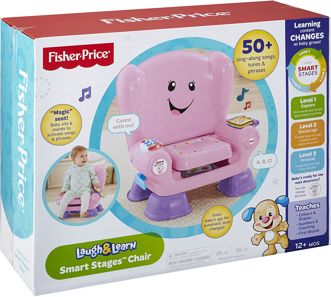 Fisher Price CFD39 Smart Stages - Silla rosa para actividades, juguete para niños de 1 año con sonidos, música y frases