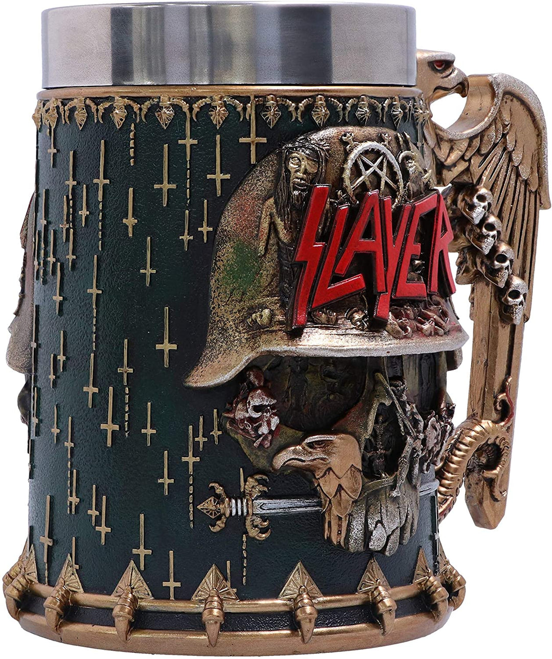 Nemesis Now Officially Licensed Slayer Eagle Helmet Skull Logo Tankard, Stainless Steel, Gold, 16.5cm