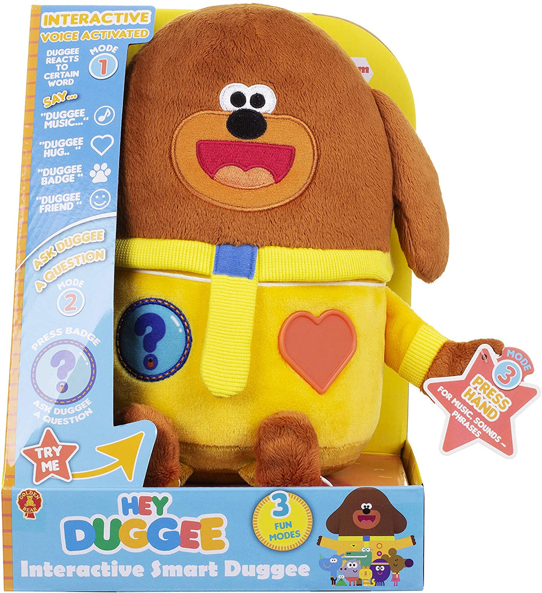 Oye Duggee Interactive Smart Soft Toy 3 formas de jugar activadas por voz ¡Haz preguntas Duggee Woofs! Con los sonidos de los programas de televisión se iluminan