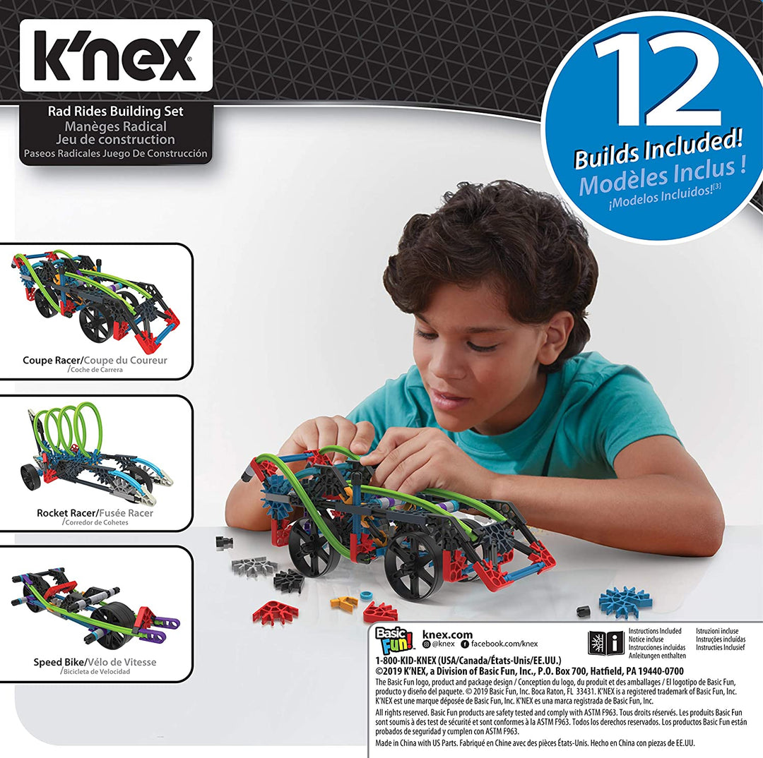 K'NEX 15214 12 Model Rad Rides Bauset, Lernspielzeug für Jungen und Mädchen, 206-teiliges Stiel-Lernset, Technik für Kinder, lustiges und farbenfrohes Bauspielzeug für Kinder ab 7 Jahren