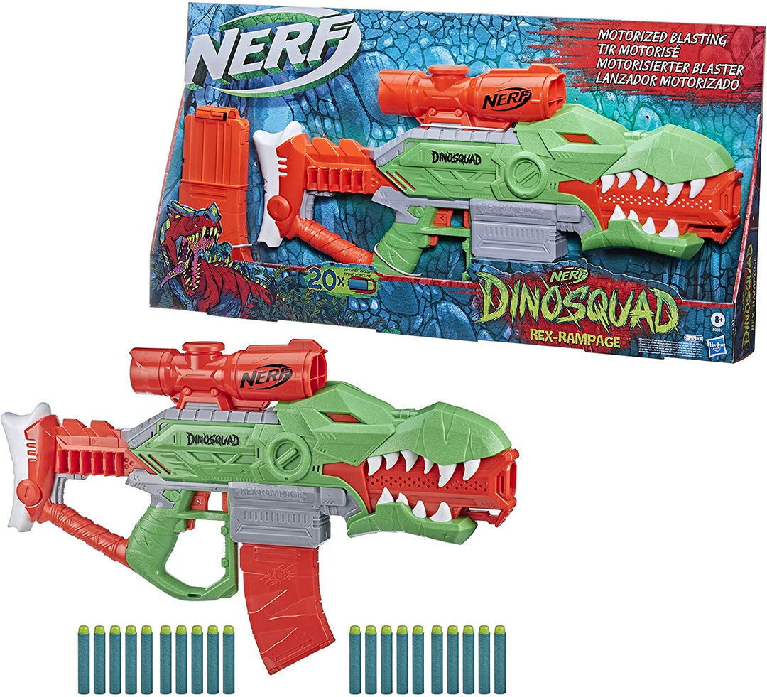 Nerf DinoSquad Rex-Rampage Motorised Dart Blaster; 10-Dart Clip, 20 Nerf Darts, 10-Dart Storage