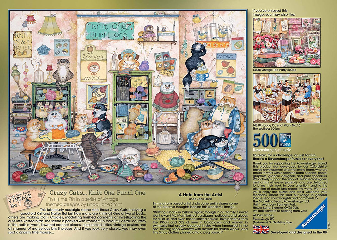 Ravensburger 14823 Crazy Cats Vintage – Stricken Sie ein Purrl One, 500-teiliges Puzzle