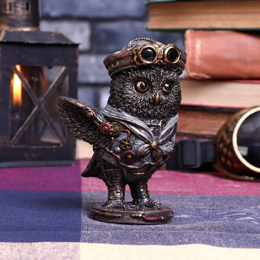 Bronzefarbene Steampunk-Eulenfigur „Come Fly With Me“.
