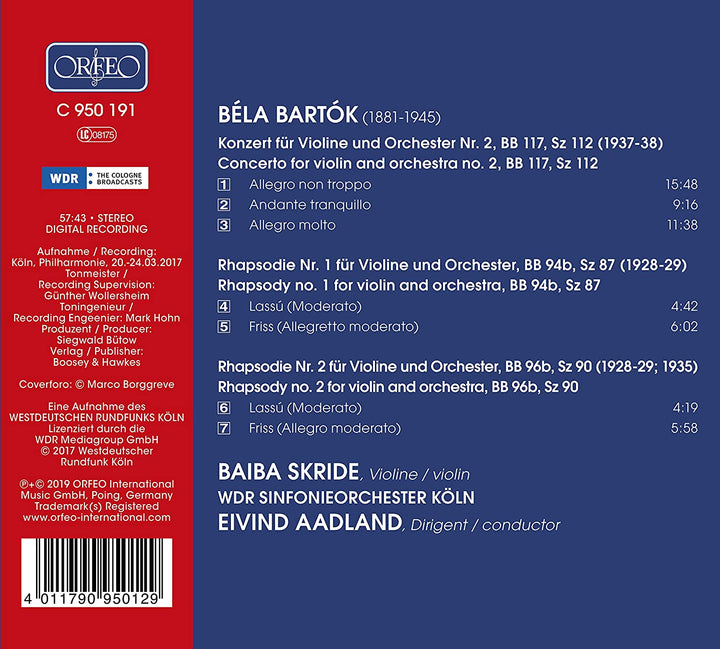 Bartok: Violin Concerto No. 2 [Baiba Skride; WDR Sinfonieorchester Köln; Eivind Aadland] [Orfeo: C950191] [Audio CD]