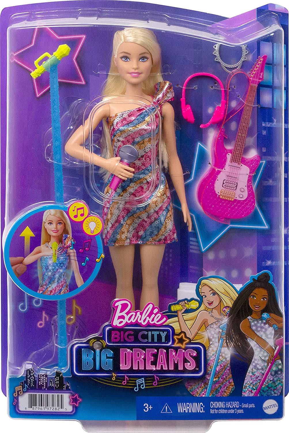 Barbie: Big City, Big Dreams Cantando Barbie &quot;Malibu&quot; Roberts Doll (30 cm de rubio) con música, función de iluminación, micrófono y accesorios