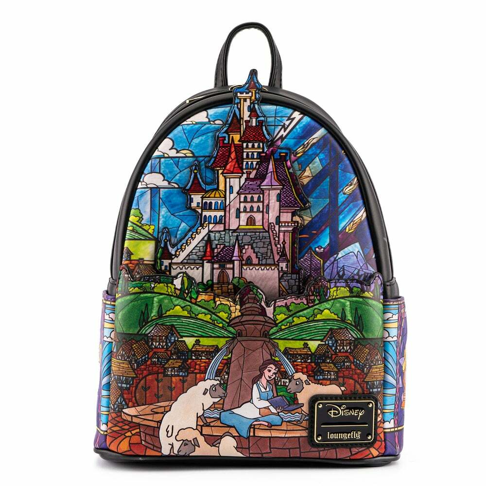 Loungefly Disney Princess Castle Series Belle Damen-Schultertaschen-Rucksack mit doppeltem Riemen