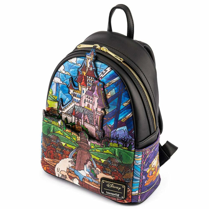 Loungefly Disney Princess Castle Series Belle Damen-Schultertaschen-Rucksack mit doppeltem Riemen