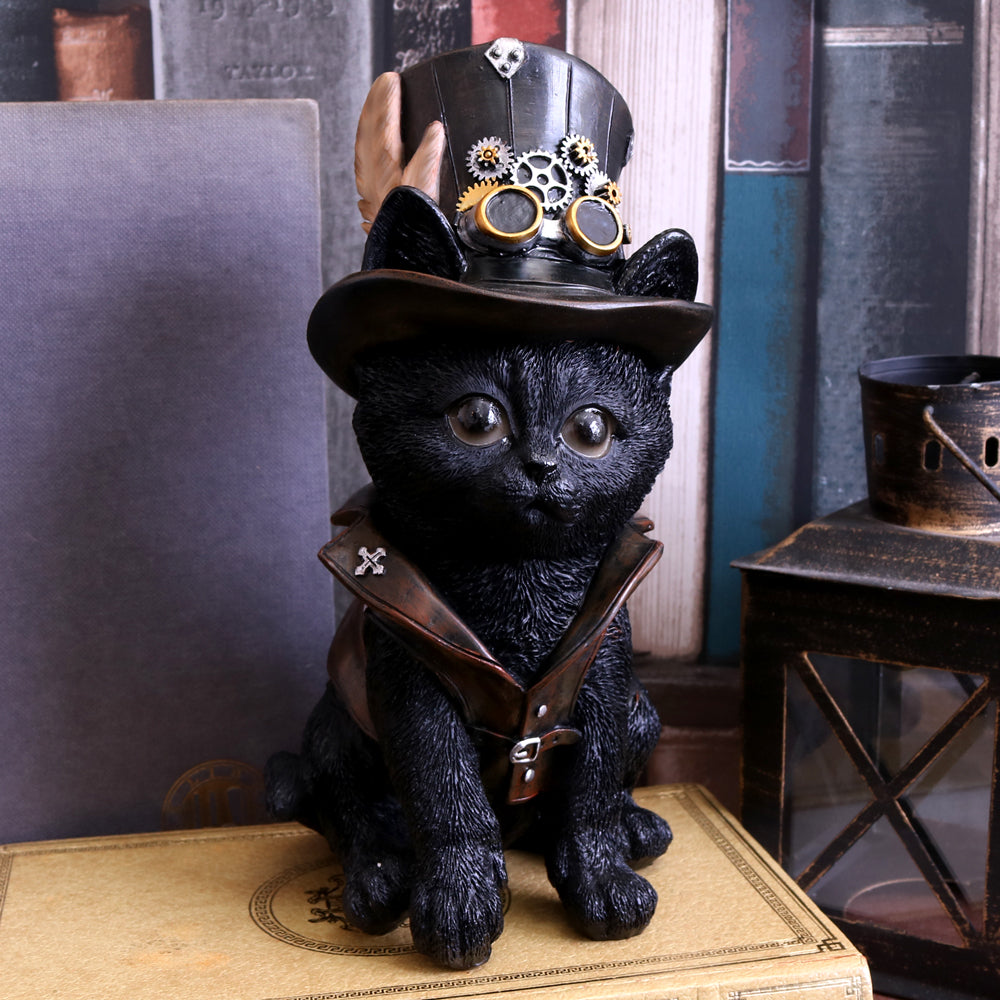 Nemesis Now Cogsmith's Cat – Steampunk-Figur aus Kunstharz mit schwarzer Katze 5